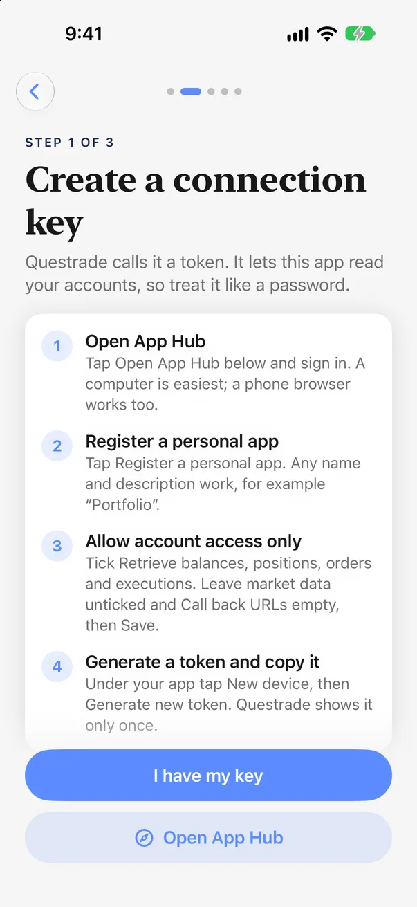 Create a connection key: the four steps in Questrade's App Hub, as the app shows them