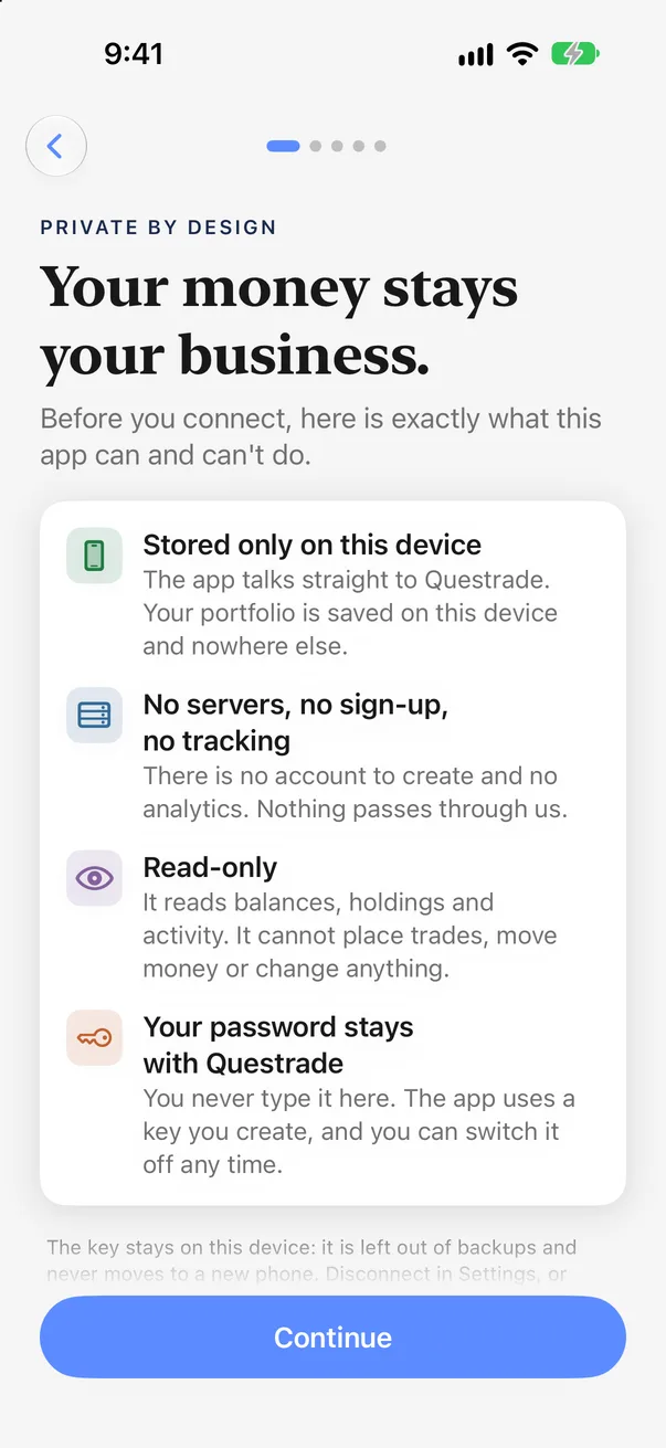The Private by design screen in TrackQ's onboarding