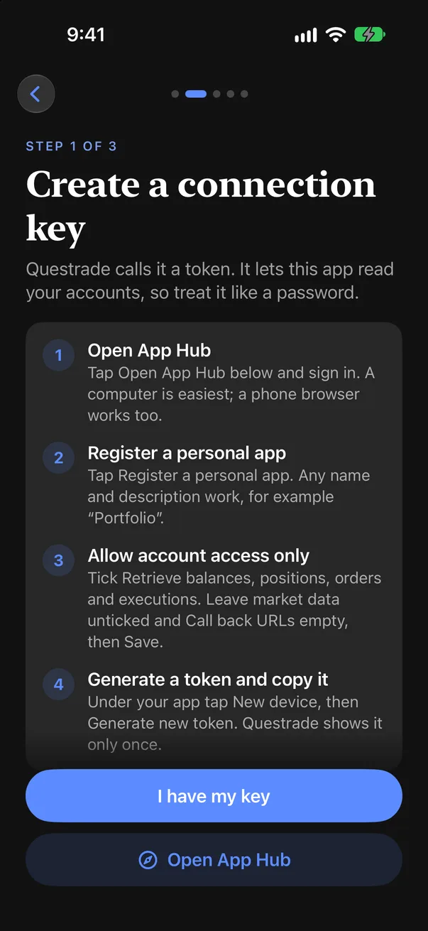 Create a connection key: the four steps in Questrade's App Hub, as the app shows them