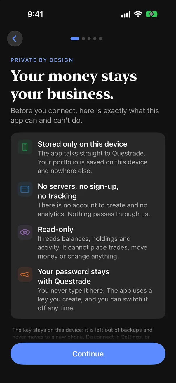 The Private by design screen in TrackQ's onboarding